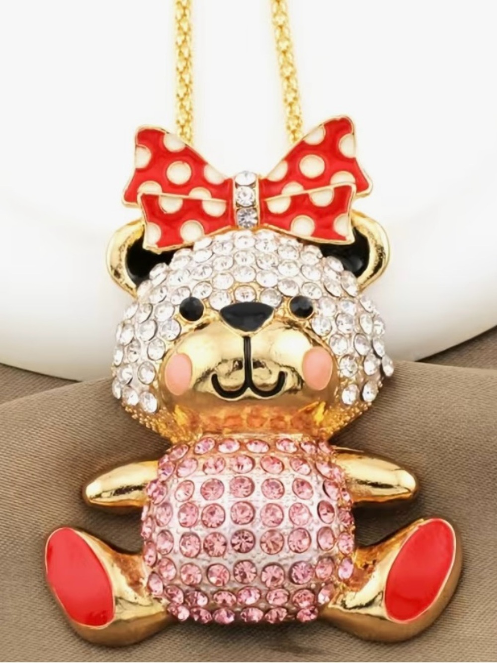 ❣️ NEW Betsey Johnson Gold Crystal Teddy Pendant Necklace with Red Bow ❣️